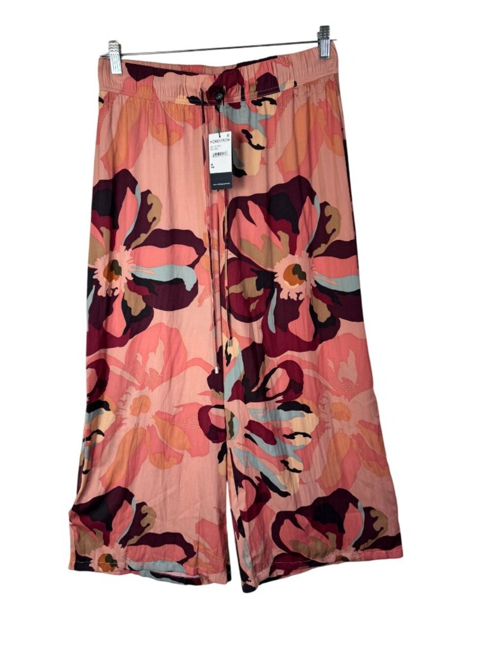 NEW Adrianna Papell Floral Wide Leg Pants Pink Peach Sz Medium Satin Lightweight